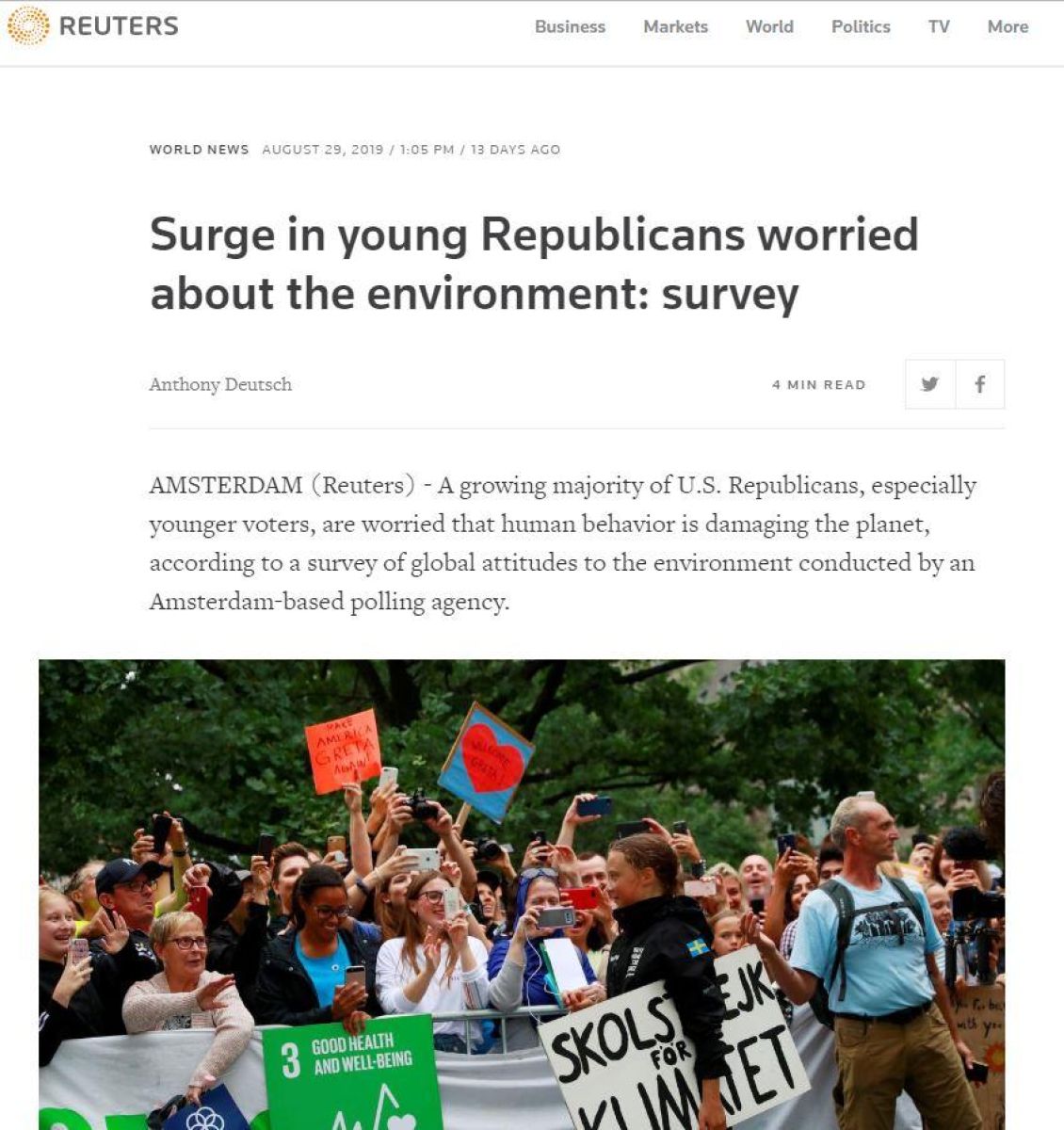 Post by Reuters about the Trend Report in Global Rise in Environmental Concern